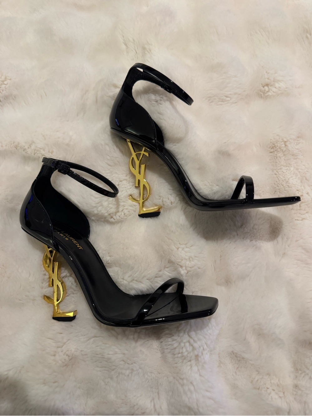 Saint Laurent Black Patent Heels with Gold YSL Logo Heel